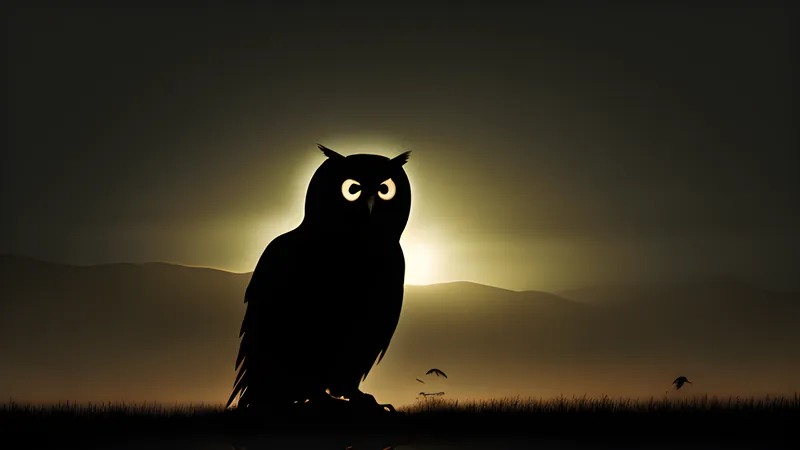 A glowing spirit facing a looming owl-shaped shadow across a misty marsh