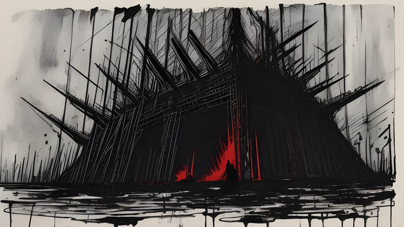 A vast serpentine coil of tremolo-picked riffs rendered as ink, unfurling across a dark cathedral space lit crimson