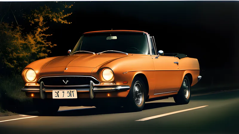 A red convertible speeding down a branching coastal road, CRT amber glow