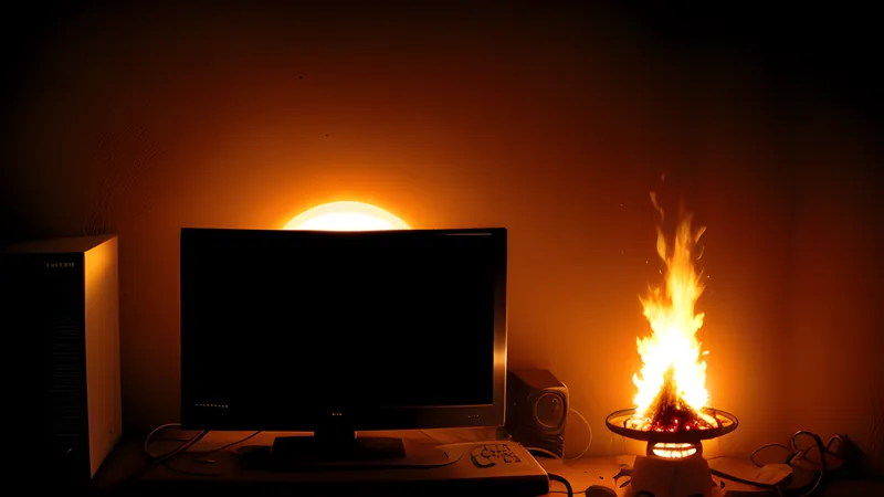 A tiny campfire glow on a small planet orbited by a dying, spiralling sun, rendered in amber CRT glow