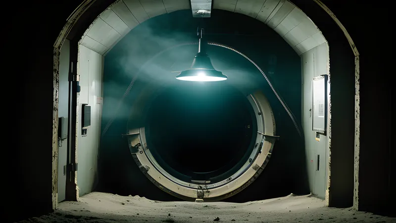 A mining station airlock standing open onto a barren moon's horizon in amber light