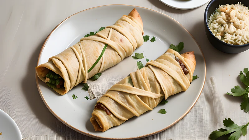 A golden baked ouzi parcel of filo pastry cut open to show spiced lamb, rice, peas and toasted nuts inside