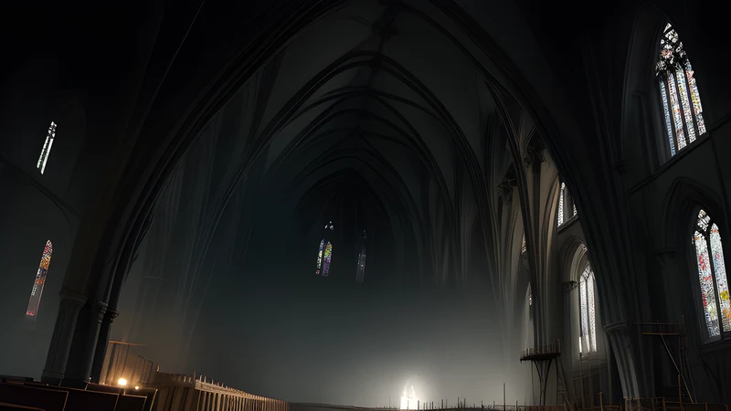 An old stone cathedral rebuilt in lighter modern scaffolding standing beside its original