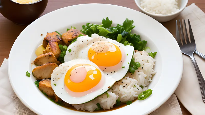 A bowl of oyakodon with softly set egg draped over chicken and rice