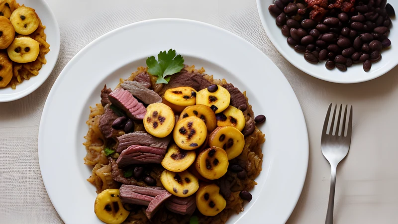A plate of pabellón criollo with shredded beef, black beans, white rice and fried plantain