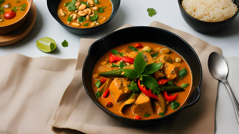 A bowl of thick panang curry glossy with coconut oil, topped with shredded kaffir lime leaf and crushed peanuts