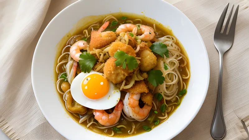 A platter of pancit palabok topped with orange shrimp gravy, egg, chicharron and spring onion