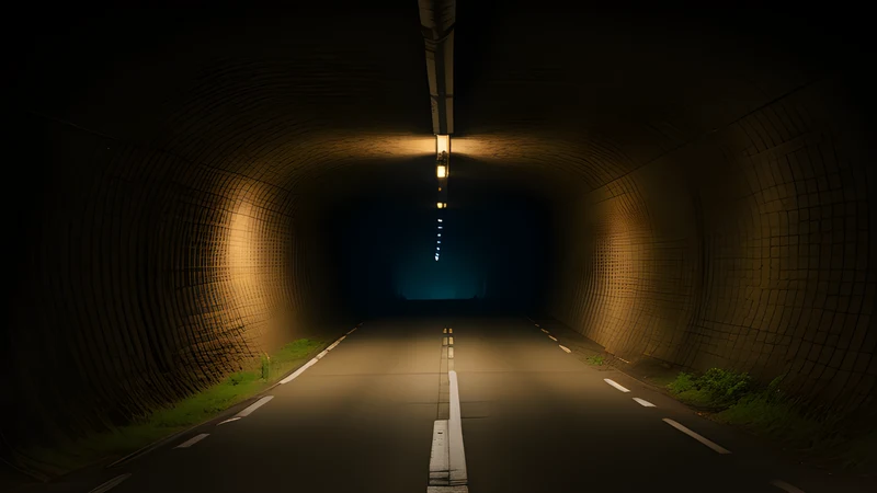 A private tunnel bored beneath a corporate motorway, lit warmly from the inside