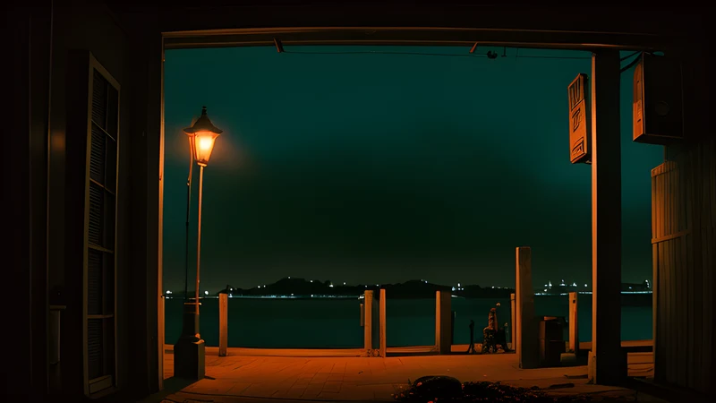 A night wharf with rats near a crate under a single hanging light