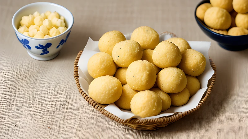 A basket of puffed golden tapioca cheese balls, one torn open to show the hollow stretchy interior