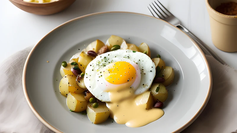 Sliced boiled potatoes under a smooth yellow sauce, topped with sliced egg and a black olive