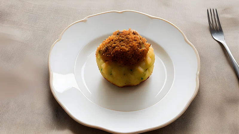 A golden fried potato ball cut open to show spiced beef, olive and hard-boiled egg filling