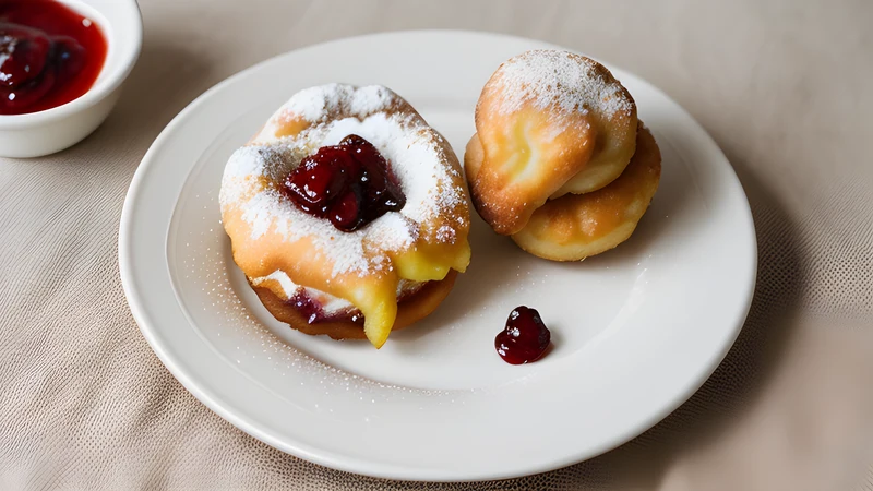 A golden fried doughnut topped with a small dough ball, covered in white soured cream and dark red cherry jam on a plate