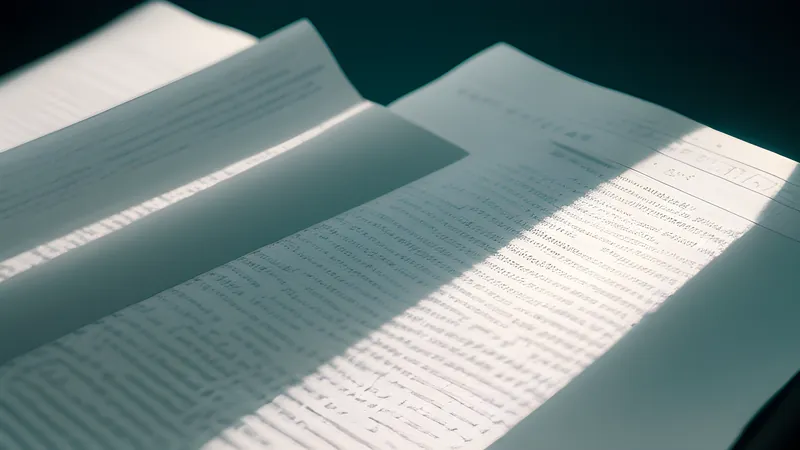 A crumpled skewed document straightening itself into crisp glowing searchable text, editorial illustration in warm orange