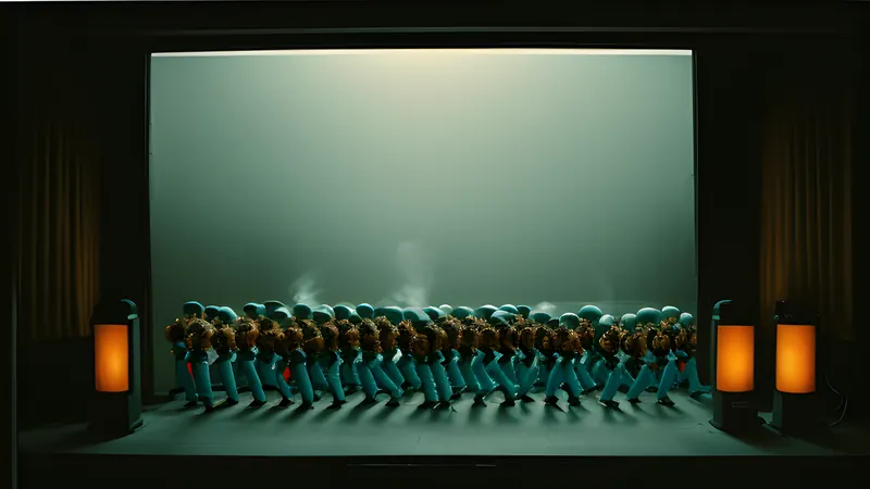 A parade of appliances and dolls marching through a city, rendered as a moody repertory-cinema poster in teal and amber