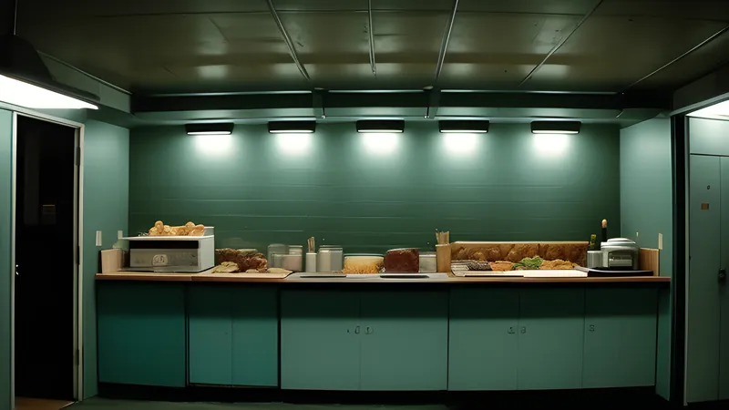 A fifties dining table under a low amber lamp with one empty child's chair, repertory-cinema poster in teal and amber