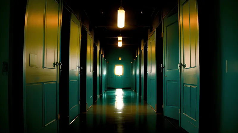 A lacquered corridor of symmetrical doors lit in green and crimson, receding into shadow