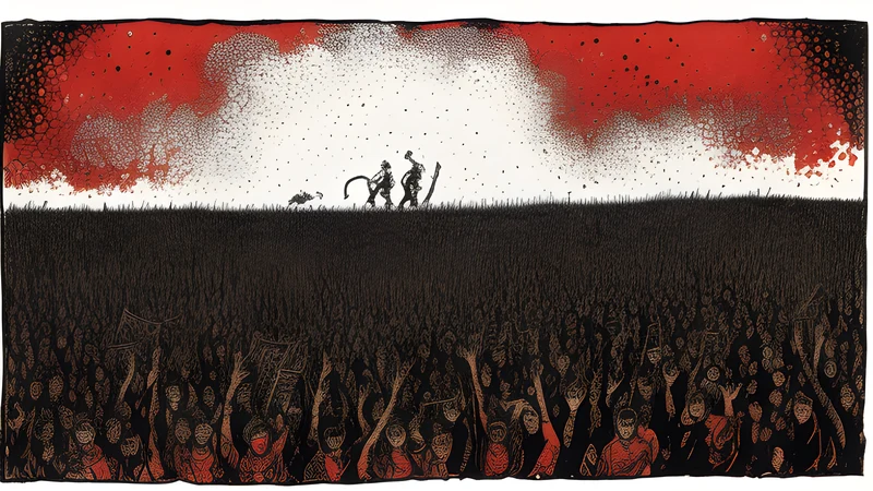 Ink illustration of a small devoted metal crowd before a stage on an open airfield, banners and crimson sky