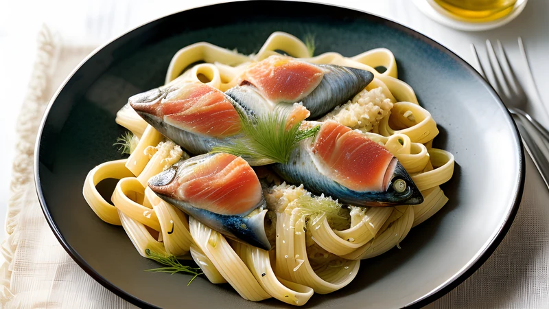 A bowl of bucatini tangled with sardine, fennel fronds and raisins under golden breadcrumbs