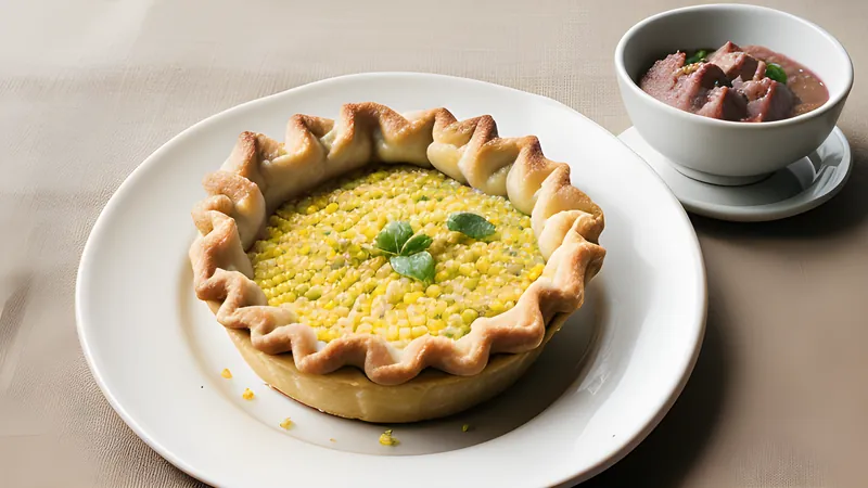 A clay dish of pastel de choclo with a caramelised golden corn topping