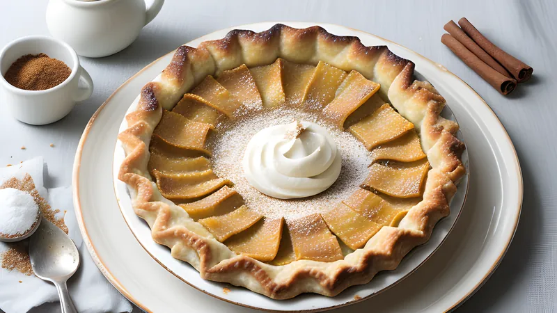 Golden pastilla pie dusted with icing sugar and cinnamon lines, cut open to show the chicken and almond filling