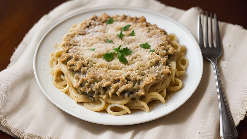 Slice of layered pasta bake showing pasta tubes, mince and a browned béchamel top