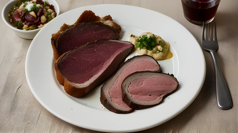 Dark smoked mutton slices flecked with thyme on a wooden board, with garlic cloves and a knife alongside