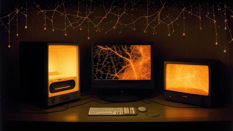 A dense glowing constellation of branching interconnected nodes against a dark field, rendered in amber CRT glow