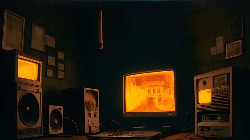 A plague town of stark geometric buildings under amber CRT glow, a clock hand sweeping across it