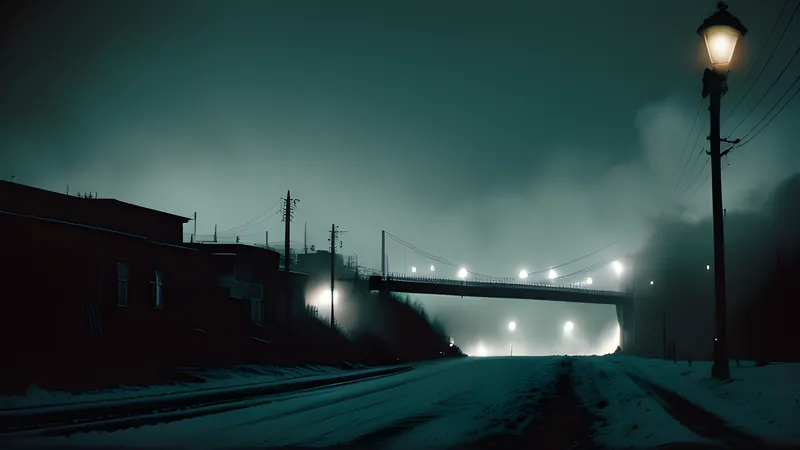 A city bridge under military occupation in winter, rendered as a moody repertory-cinema poster in teal and amber
