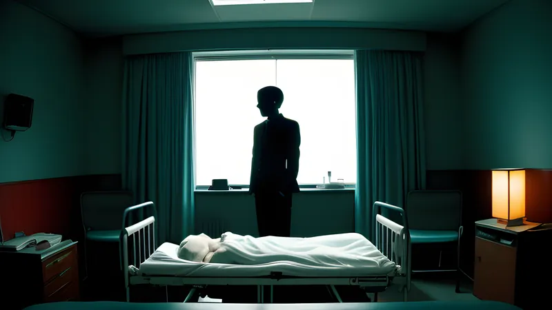 A hospital bed holding a motionless figure, a flickering monitor casting light across the sheets