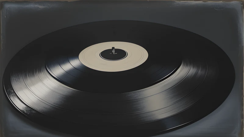 A vinyl record spun backwards beside an album-cover street crossing viewed through a magnifying glass