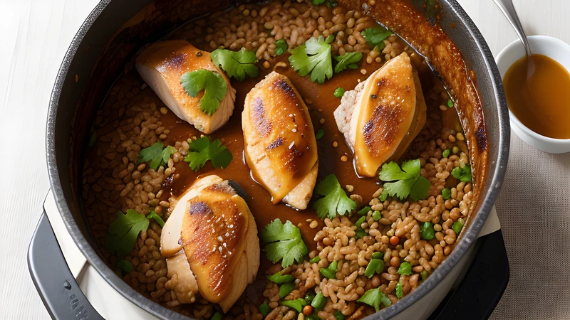 A pot of Trinidadian pelau, caramel-browned rice studded with chicken pieces, pigeon peas and diced pumpkin