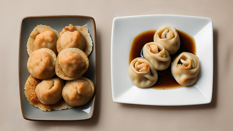 A bowl of small boiled meat dumplings topped with soured cream, a drizzle of dark black vinegar and cracked black pepper
