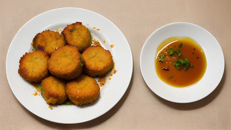 Sliced pempek fishcakes fried golden, arranged around a bowl of dark cuko dipping sauce