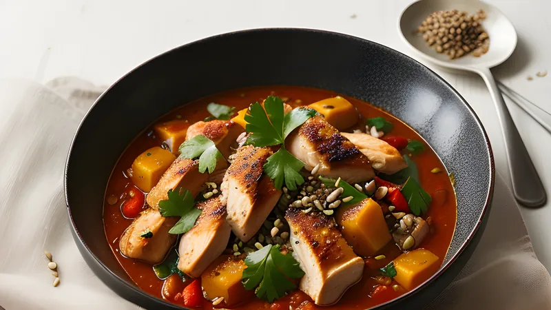 A bowl of dark, seed-thickened pepián stew with chicken, potato and green beans, toasted sesame scattered on top
