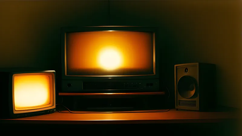 A foggy television screen glowing faintly in a quiet small-town street at dusk