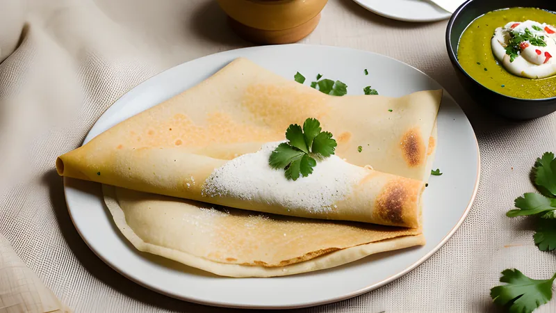 A pale green folded dosa on a steel plate beside a small bowl of dark ginger chutney