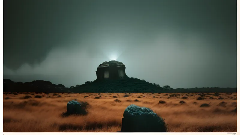 A jagged rock outcrop shimmering in white Australian summer haze under a bleached sky