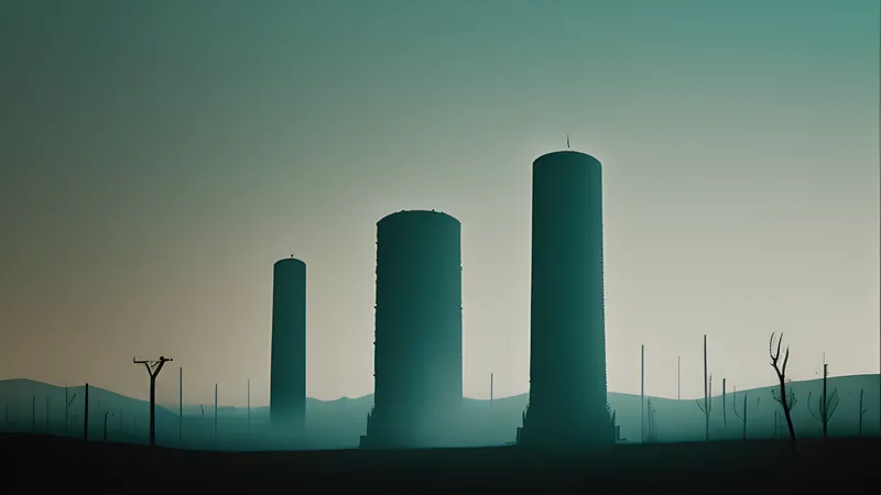 Insect towers casting long geometric shadows in hard desert light, in teal and amber repertory-poster light