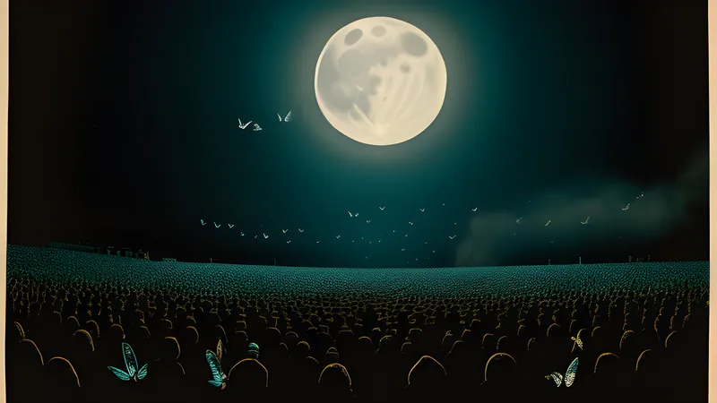 A swarm of insects rising over a moonlit Swiss boarding school in teal and amber