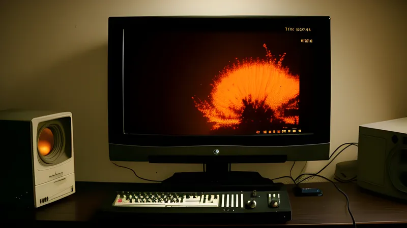 A camera viewfinder framing a paused, glowing game landscape, amber CRT glow and scanlines
