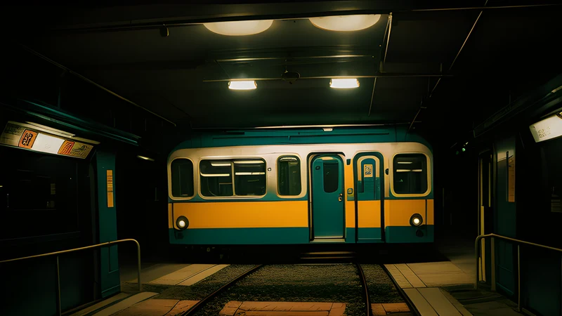 A crowded subway carriage in half-light with a hand drifting toward an open purse, teal and amber poster style