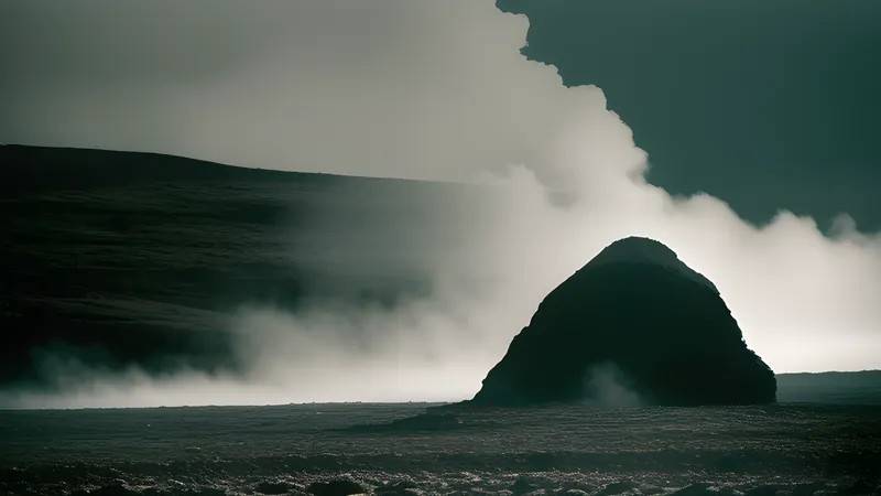 A volcanic rock outcrop rising through white summer haze