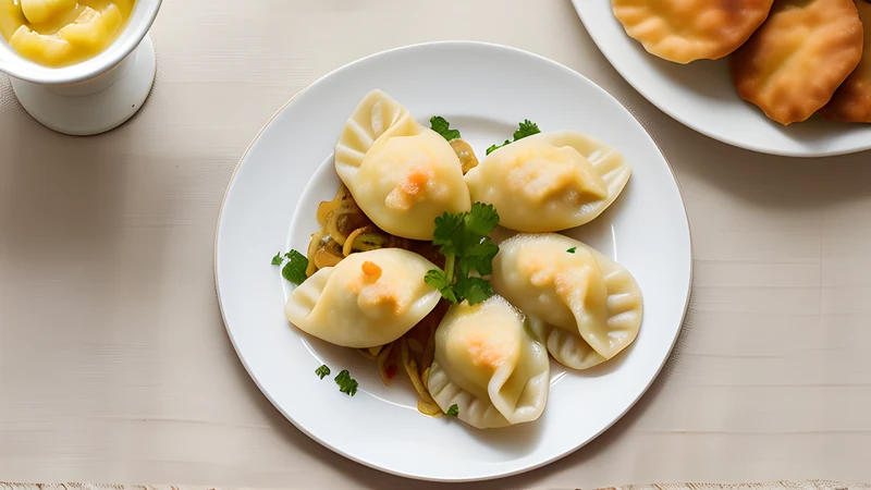 A plate of boiled potato-and-cheese pierogi topped with golden fried onions and melted butter