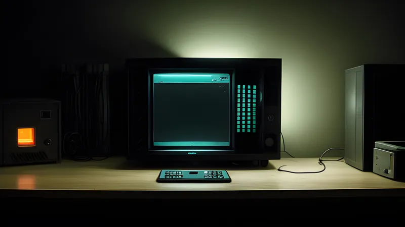 A small glowing remote-control box projecting a ghostly screen and keyboard image toward a distant server rack
