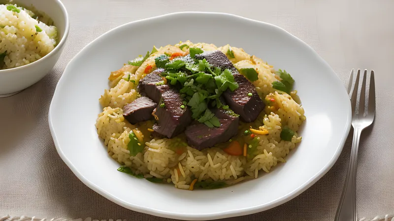 Bowl of dark golden-brown Zanzibar pilau rice studded with beef and whole spices