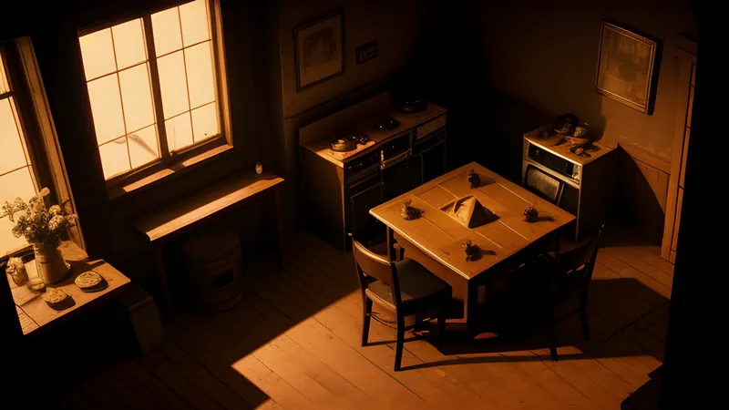 An isometric candlelit tavern room viewed from high above through a window
