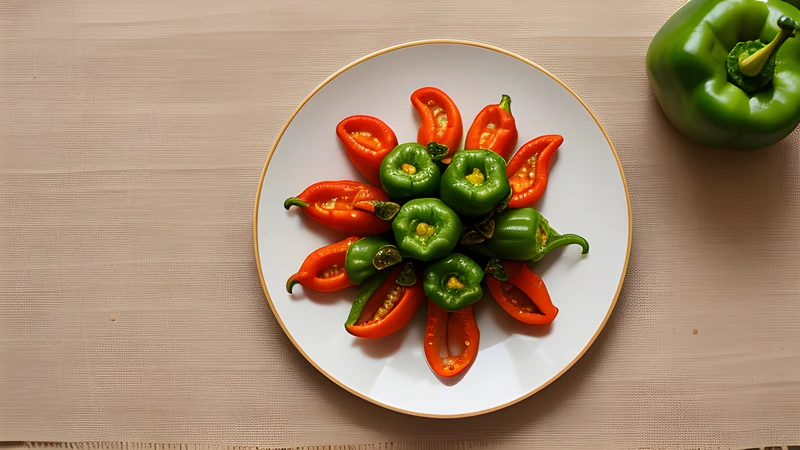 Blistered green peppers heaped on a white plate under a scatter of coarse sea salt