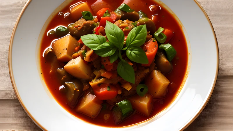 A shallow pan of soft red and green pepper stew streaked with just-set egg, a slice of cured ham draped over one side
